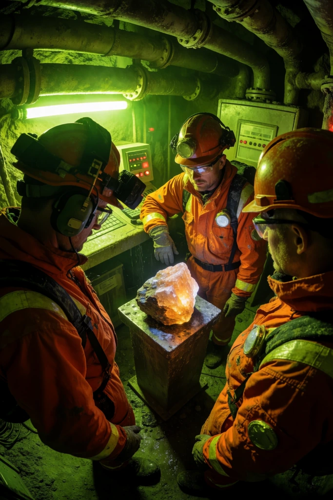 Viewed from a high bird's-eye perspective, three geologists in heavy orange hazard suits cluster around a glowing crystalline rock sample inside a subterranean drilling control room. Harsh acid-green emergency lighting casts deep shadows across their faces. The central geologist leans against a metal pedestal holding the specimen, while the left figure wears a bulky communications headset. Thick industrial pipes crowd the ceiling of the cramped, intense environment.