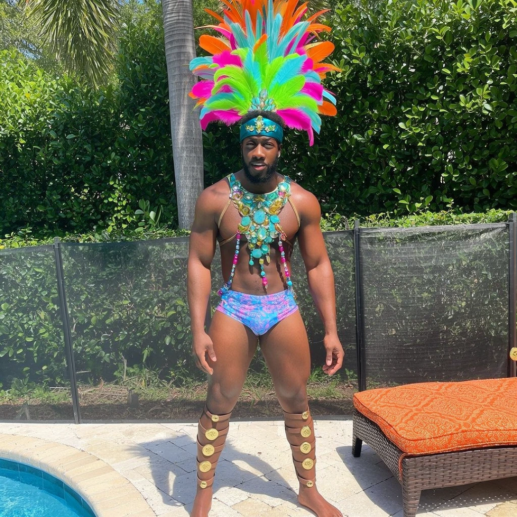 A muscular Black man stands outdoors wearing a vividly colored carnival costume under bright, direct sunlight. His towering headdress features neon green, cyan, hot pink, and orange feathers above a jeweled teal headband. A decorative chest harness with large teal stones, gold accents, and dangling beads rests against his bare torso. He wears patterned blue-and-pink trunks and strappy gladiator-style shin guards adorned with gold medallions. He poses on a stone patio beside a blue swimming pool. The vibrant scene is framed by a dense background of lush green hedges, a palm tree trunk, a black mesh fence, and a wicker lounge chair with an orange patterned cushion.