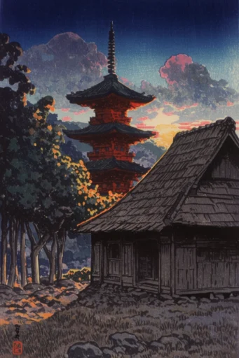 Nocturnal Woodblock Noir style AI image example 4