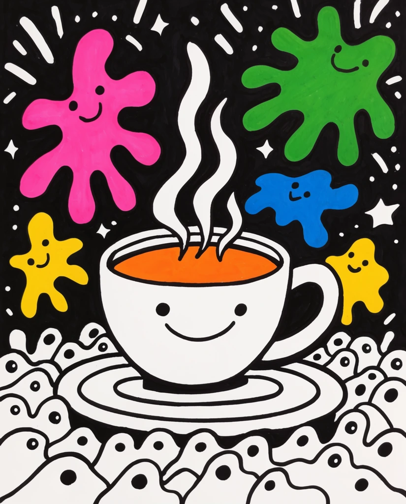 A bold marker doodle illustration centered on a smiling white coffee cup filled with orange liquid, emitting wavy white steam against a black background. The cup sits on a tiered saucer surrounded by a dense cluster of lumpy, eye-covered white shapes. Floating above are playful amoeba-like creatures in solid pink, bright green, blue, and yellow, mixed with scattered white dashes, stars, and dots. The energetic scene is defined by thick black outlines and flat, high-contrast colors.