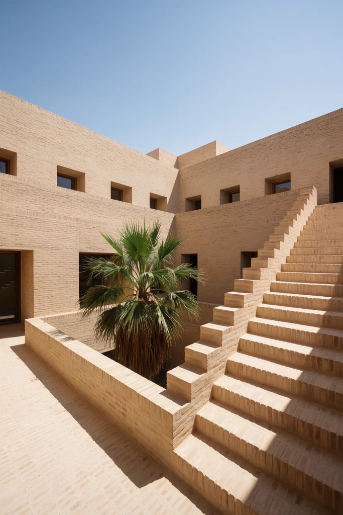 sunlit multi-level courtyard made of light tan bricks, vibrant green palm tree in a central lower well, wide ascending brick staircase with stepped parapets, recessed dark windows, clear blue sky, sharp high-contrast midday shadows, wide-angle architectural photography, warm beige geometric composition