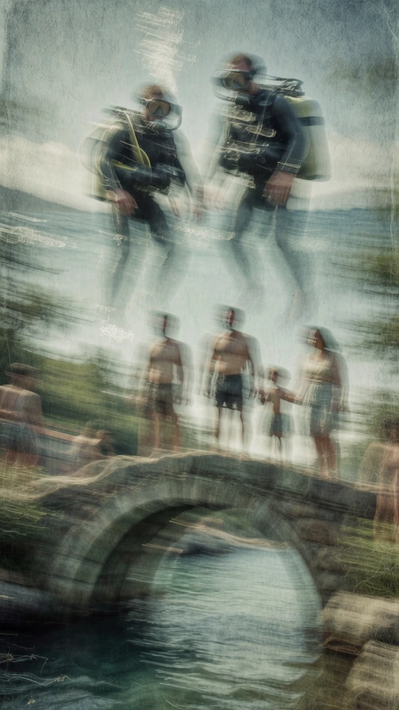 horizontal intentional camera movement, icm long exposure, heavy analog film grain, gritty fibrous texture, desaturated forest green and muted slate blue palette, motion-streaked horizontal trails, low contrast, painterly abstraction, dreamlike impressionist atmosphere, ethereal smudged silhouettes of two scuba divers floating in a hazy sky, hovering above a ghost-like stone arch bridge, indistinct blurry forms of three men a woman and a child crossing