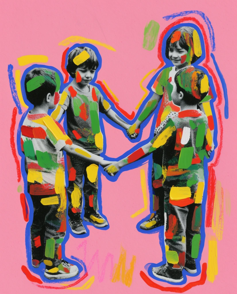 Four children holding hands in a circle, rendered as a vibrant mixed-media collage blending monochromatic photography with thick, expressive painted embellishments against a solid pink background. The full-body figures of the children are depicted as high-contrast, black-and-white photographic cutouts featuring a coarse halftone dot pattern. Their linked hands and garments are heavily layered with opaque, impasto-style brushstrokes and geometric dashes of vivid yellow, bright green, and crimson red paint applied directly over the grayscale base. Thick, irregular, hand-drawn contour lines in solid blue, red, and yellow trace the outer silhouettes of the figures, creating a stark, graphic pop-art separation from the environment. The circular formation is centered squarely on a flat, highly saturated bubblegum-pink backdrop exhibiting a subtle paper grain. Naive, energetic crayon and pastel strokes form loose motifs in the surrounding negative space, anchoring the composition in a DIY, risograph-printed punk-zine aesthetic characterized by bold color blocking and raw textural juxtapositions.