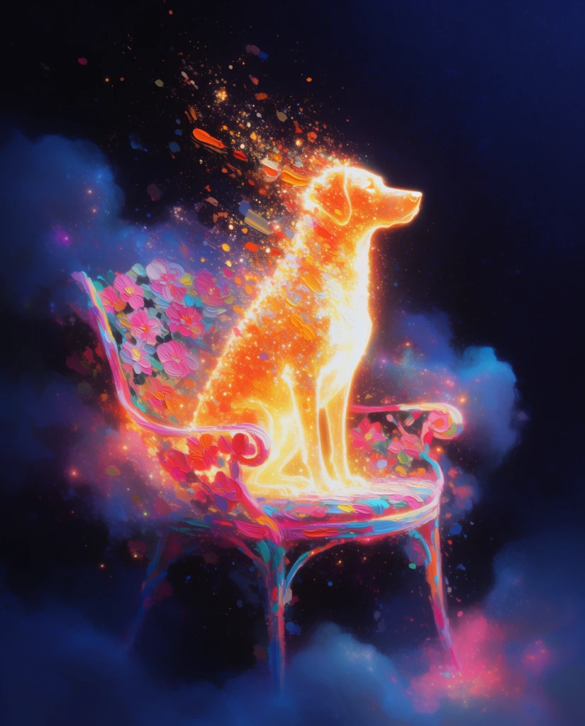 A glowing, ethereal dog sits atop a floral chair, rendered entirely from vibrant, fiery luminescence that dissolves into cosmic stardust against a deep midnight blue void. The dog's form radiates a blinding white core transitioning into intense golden-orange and bright yellow light, its silhouette dynamically breaking apart into upward-drifting sparkling embers, glowing flecks, and expressive strokes of thick, impasto-like texture. The floral chair beneath the dog echoes this radiant energy, its intricate petal patterns and structural lines defined by vivid, glowing streaks of magenta, pink, and bright cyan that bleed softly into the surrounding darkness. Billowing, soft-edged nebulous clouds of blue and pink cosmic smoke envelop the base of the chair and wrap around the dog's contours. The scene is highly textured, blending impressionistic digital painting techniques with dramatic, high-contrast bioluminescence, featuring scattered paint splatters and luminous particulate matter floating through an expansive, pitch-black and indigo backdrop.