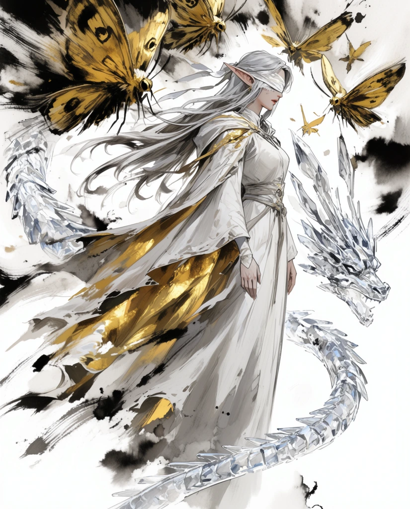 A female elven figure in flowing white robes stands in profile, surrounded by swirling golden moths and a coiled crystalline dragon in an expressive ink-wash illustration. She features sweeping silver hair and a delicate silk blindfold. Her tattered cloak, lined with brilliant gold, billows outward against a stark white background. Energetic, aggressive black and gold brushstrokes form oversized moths fluttering wildly around her head and shoulders. The translucent, segmented body of a winding crystal dragon curves through the abstract space. The artwork blends precise digital character rendering with chaotic, painterly sumi-e ink splashes, creating a striking high-contrast composition filled with dynamic visual tension.
