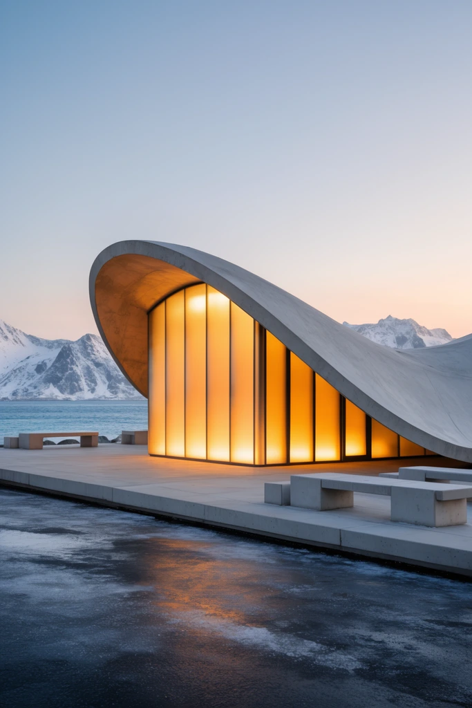 A modern architectural structure sits on a coastal platform against a backdrop of snow-capped mountains and a calm sea at twilight. A sweeping, wave-like concrete roof arches fluidly over a rectangular core that emits a bright, warm golden-orange glow through frosted panels with dark vertical frames. Beside the building, a raised light-grey concrete patio holds low, rectangular block benches. Dark, icy pavement in the immediate foreground reflects the glowing structure. The background reveals cool blue water leading to jagged peaks under a clear sky transitioning from pale blue to soft peach. The image emphasizes the striking contrast between the artificial golden light and the serene, cool-toned natural landscape.