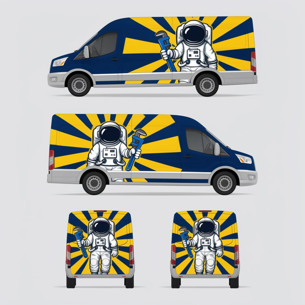 four orthographic views of a commercial cargo van wrap mockup, deep blue and bright yellow color scheme, cartoon astronaut in a white spacesuit holding a blue pipe wrench, radiating yellow sunburst graphics on side panels, silver lower trim, front side and rear profiles, flat vector illustration, plain light grey background