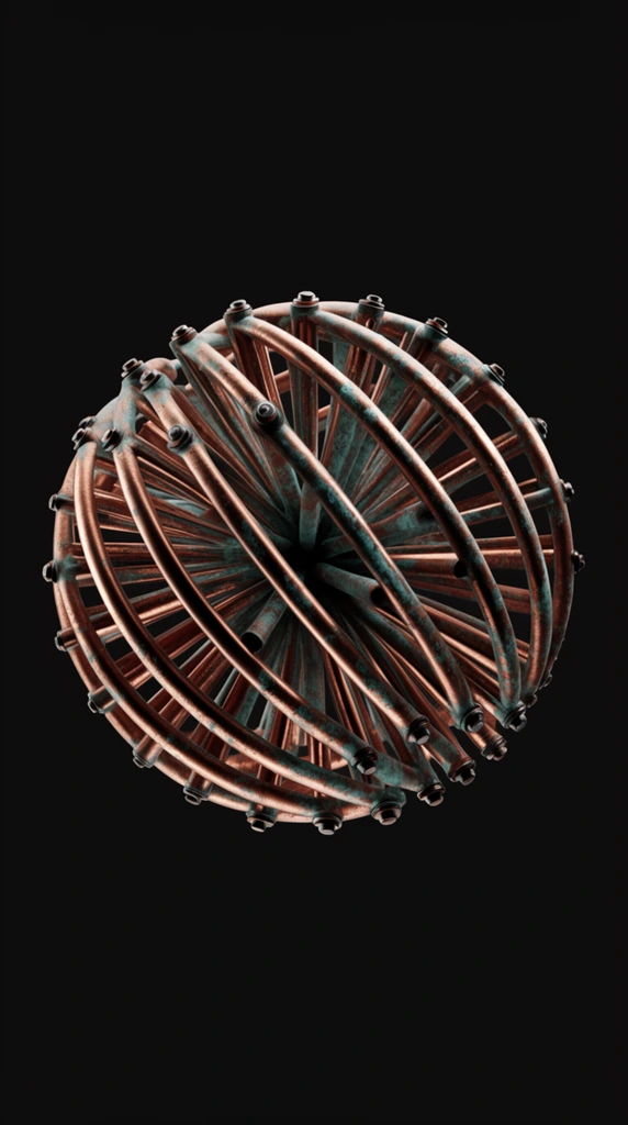 abstract spherical cage of radiating metallic ribs, tarnished copper with oxidized teal patina, metal pivot pins, isolated on solid black background, high contrast studio lighting, 3D render