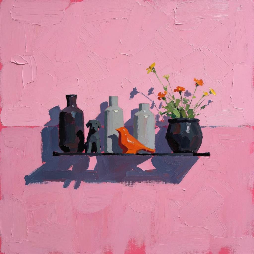 minimalist contemporary still life painting, thick impasto oil brushstrokes, vibrant textured candy pink background with a subtle horizontal division, heavy paint application, visible canvas texture, central composition of a shelf holding ceramic vases and pots with wild flowers and figurines, rich palette of blue-grays and muted greens with bold pops of neon orange, flat perspective, dark purplish-blue cast shadows, playful neo-pop aesthetic, expressive gestural painterly marks