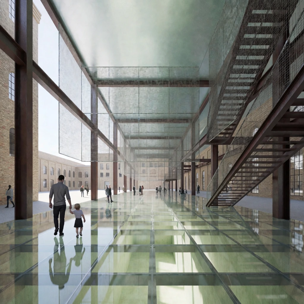 A modern industrial atrium featuring a transparent glass grid floor that reveals a pale greenish subterranean volume. Dark brown steel columns and suspended wire mesh screens create layered, permeable divisions across the vast hall. An open-tread metal staircase ascends on the right. In the left foreground, a man in a grey shirt walks hand-in-hand with a small child across the highly reflective surface. Scattered figures stroll through the bright midground. The open structure frames adjacent tan brick buildings with arched windows. Rendered in a crisp architectural visualization style, the scene uses bright, diffused daylight to highlight the sharp linear perspective, heavy steel framework, and glossy floor reflections under a smooth pale ceiling.