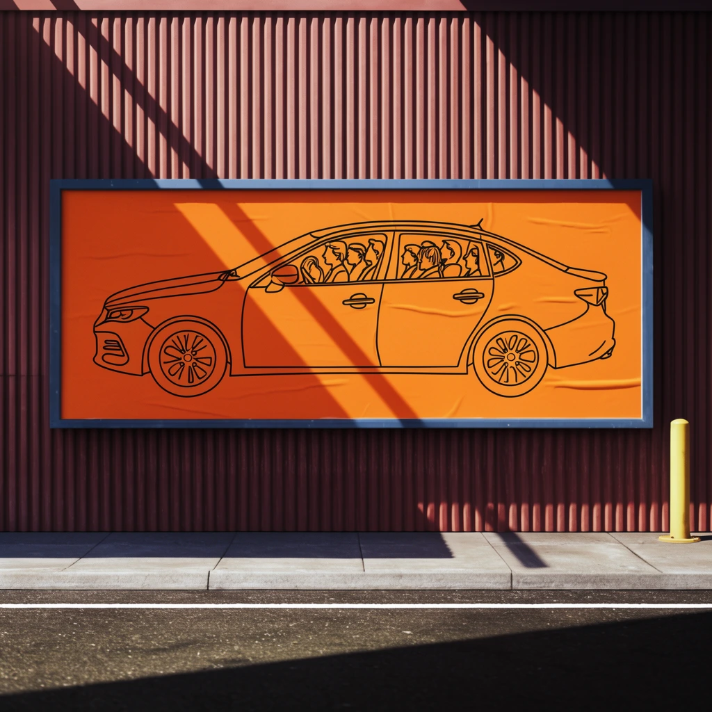 A vibrant orange, slightly wrinkled billboard features a black line drawing of a passenger-filled car. Mounted on a reddish-brown corrugated metal wall, the scene is bathed in harsh sunlight. Strong diagonal shadows cut dramatically across the poster, the wall, the concrete sidewalk, and the asphalt street below, where a single yellow bollard stands to the right.