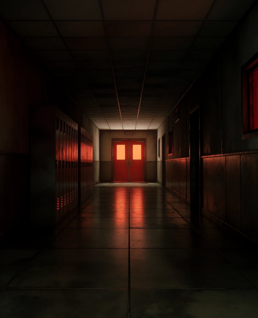 A long, dark industrial hallway stretches into the distance toward a pair of glowing red double doors at the far end. The floor is composed of large, dark square tiles that show a reflective sheen, with a central seam acting as a leading line directly toward the light source. On the left wall, rows of tall, metallic lockers stand in deep shadow, their edges faintly catching the crimson light. The right side features dark, paneled walls with recessed door frames and small, rectangular windows that glow with a similar dim red hue. The ceiling is made of dark, square acoustic tiles, mostly obscured by heavy shadows that fill the upper portion of the corridor. The primary light source is the intense, saturated orange-red glow emanating from the windows of the double doors at the vanishing point, which casts a long, vertical strip of light across the polished floor. The color palette is dominated by deep blacks, charcoal greys, and muddy browns, punctuated by the vibrant, warm red at the center. The composition uses a symmetrical one-point perspective with a straight-on camera angle, creating a sense of depth and focus on the distant doorway. The lighting is low-key and dramatic, with high contrast between the pitch-black foreground and the brightly illuminated end of the hall.
