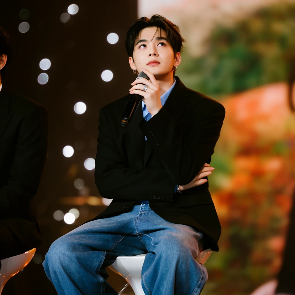 A young man sits on a white stool under warm stage lighting, gazing upward while holding a microphone. He has styled dark hair, wearing a black suit jacket over a light blue shirt and wide-leg blue jeans. His right hand holds a black microphone near his face, displaying a silver ring and small hoop earrings, with his left arm folded across his torso. A partially visible individual in a black suit sits on the far left. The deeply blurred background features scattered white bokeh lights on the left and abstract patches of warm orange and green on the right. This candid medium portrait utilizes a shallow depth of field and cinematic lighting to sharply isolate the subject against the out-of-focus event environment.