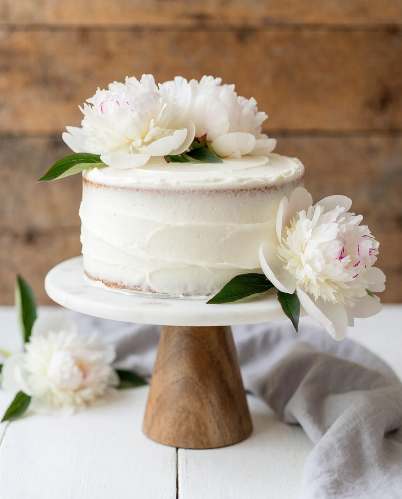 A single-tier round cake with gently swooped white frosting sits on a stand featuring a white marble top and a conical wooden pedestal. Lush white peonies with dark green leaves adorn the cake's crown and rest at its base. The stand is positioned on a white wooden surface next to a soft grey cloth and a stray blossom. Bright, diffused natural light accentuates the creamy textures and delicate floral details. A shallow depth of field softly blurs the rustic background of horizontal warm brown wooden boards, creating an elegant food photography composition.