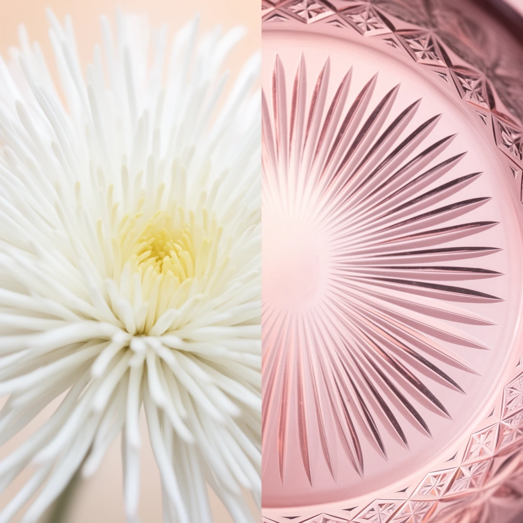 split-screen diptych juxtaposing organic and geometric forms, left half showing an extreme macro close-up of a white flower with dense spindly petals radiating from a soft yellow core against a blurred pale peach background, right half displaying a translucent rose-tinted glass surface featuring intricate engraved sunburst patterns with sharply etched radiating lines and geometric shapes, ethereal diffused lighting, soft pastel pink and white color palette, delicate textures, shallow depth of field, high-end editorial aesthetic