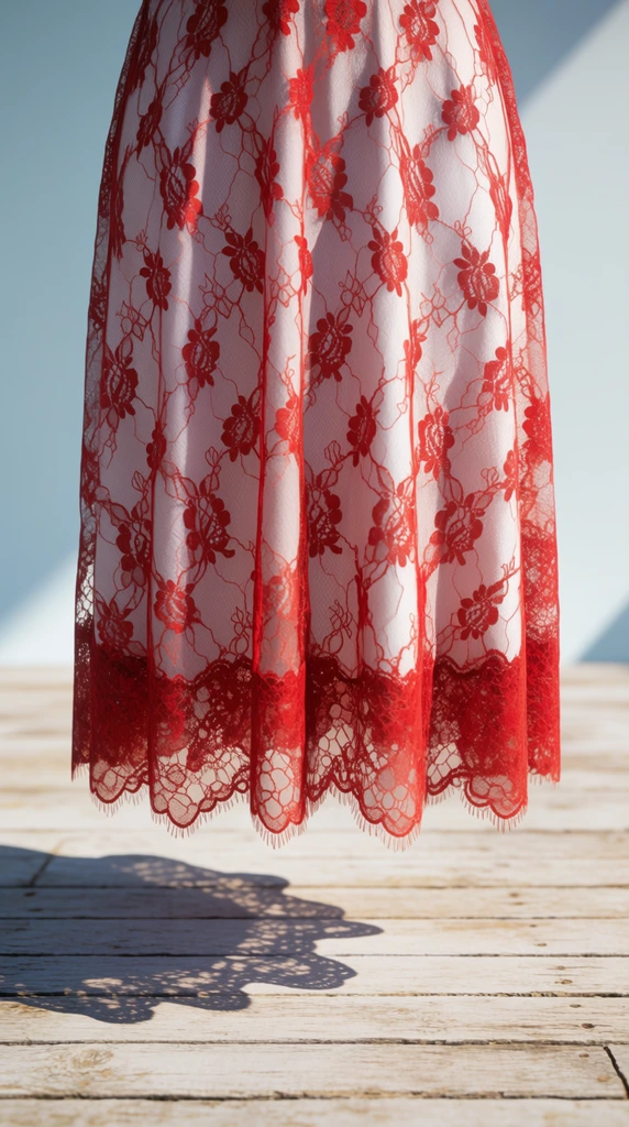 draped skirt hem with intricate red floral lace overlay on white fabric, scalloped red lace edge, soft vertical folds, weathered horizontal wooden plank floor, pale blue background with diagonal shadow, bright natural sunlight casting detailed lace shadows on wood, photorealistic fabric texture, close-up shot