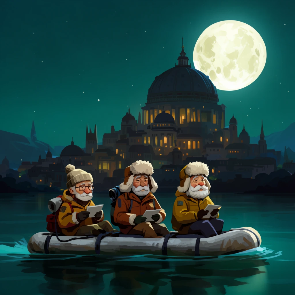 Three elderly explorers in winter jackets on a hover-raft, crossing a dark teal lake at night towards a glowing domed city, large moon, stylized digital art
