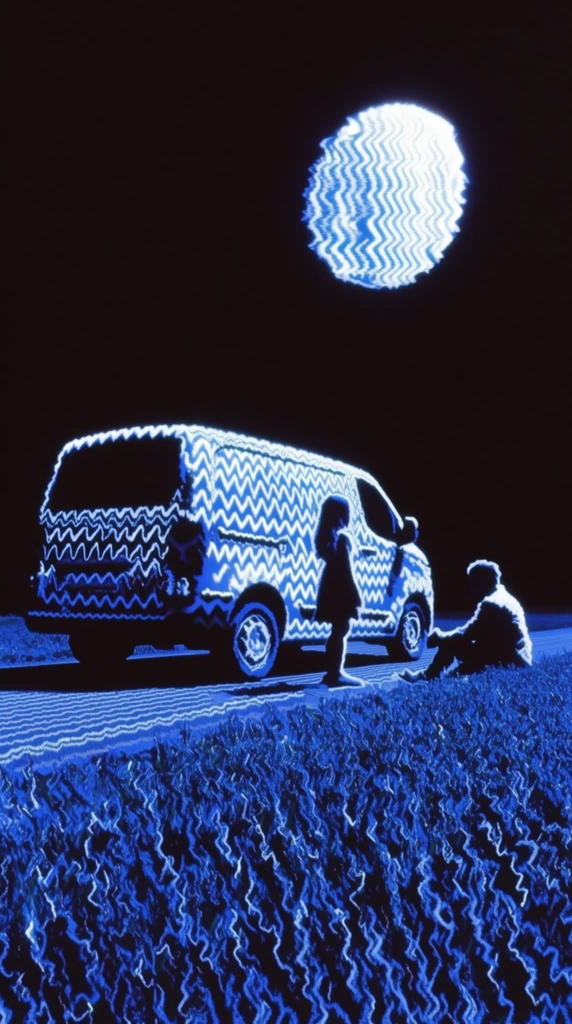 A patterned van parked on a road beside a field, with a girl standing near it, a person sitting on the roadside, and a large moon in the sky, all rendered in a high-contrast glitch art aesthetic characterized by luminous, jagged horizontal lines. The entire scene is constructed from stark electric blue and brilliant white zig-zag strokes against a pure black background. The van's patterns, the standing girl, the seated figure, the flat road, and the textured field are formed by these heavy, wave-like digital distortions, resembling harsh analog CRT television tracking errors. The large moon hangs in the pitch-black sky as an intensely glowing orb composed of tightly packed, blown-out white and blue squiggly lines. The duotone color palette and stark silhouette technique rely strictly on the density and brightness of the jagged glowing strokes to establish the shapes, highlights, and depth of the nocturnal landscape.