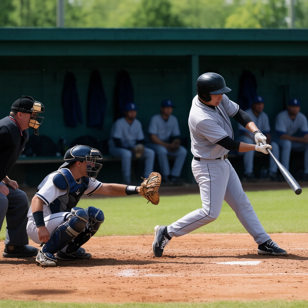baseball batter finishing swing in grey uniform and black helmet, crouching catcher in protective gear with mitt extended, umpire observing from behind, dirt home plate, dugout background with resting players, daylight sports action photography