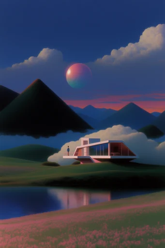Surreal Retro-Futurist Pastoral style reference image — saturated cobalt twilight