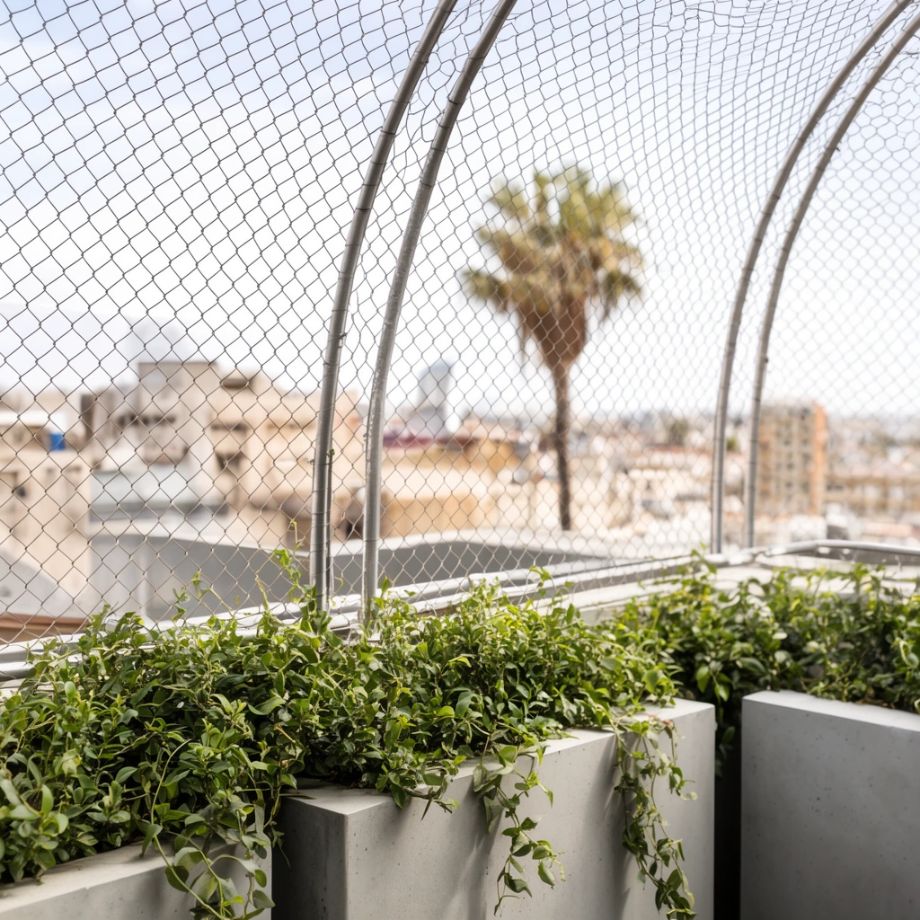 curved chain-link fence arches on a rooftop, modern concrete planters with lush trailing vines, blurred urban cityscape background with palm tree, bright daylight