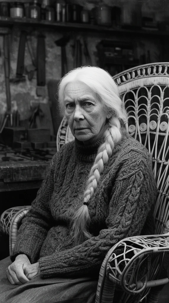 elderly woman with long white braid, thick cable-knit sweater, seated in rattan peacock chair, intense gaze, rustic workbench background, vintage black and white photography, high contrast, medium portrait