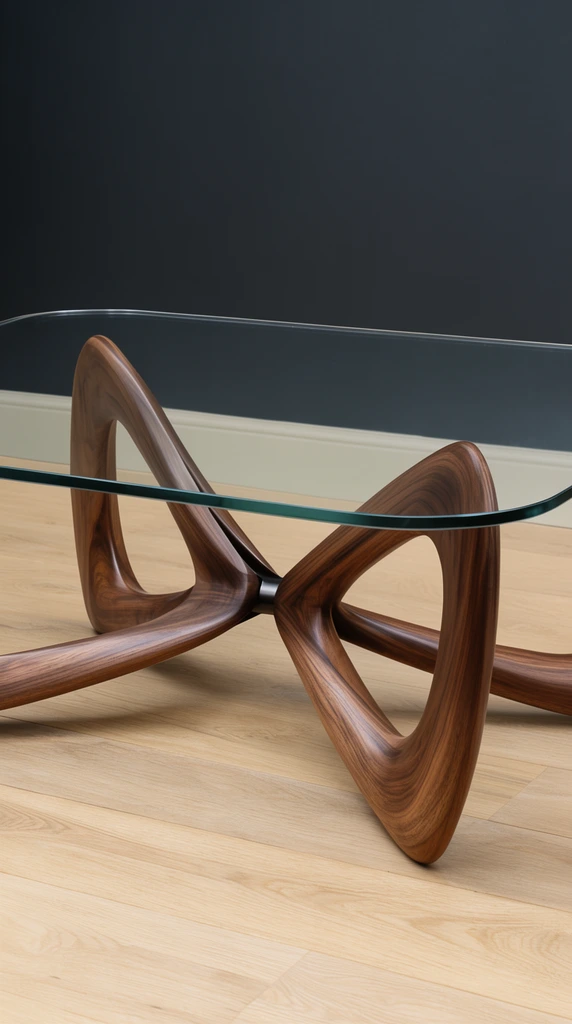 A sculptural coffee table rests on a light oak plank floor against a dark charcoal wall with an off-white baseboard. The table features a thick, transparent rectangular glass top with smoothly rounded corners. Its striking base consists of interlocking, polished walnut-toned wood forming a sweeping, symmetrical X-shape. These organic wooden supports feature large, rounded triangular cutouts and converge at a central dark metal joint. Soft, diffused lighting highlights the rich wood grain and casts subtle reflections across the clear glass surface.