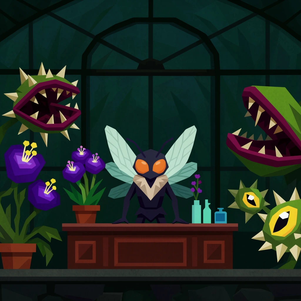 2D geometric illustration of a dark greenhouse, humanoid fly creature behind a counter, monstrous carnivorous plants, glowing purple flowers, spiky plant with yellow eyes, flat textured colors