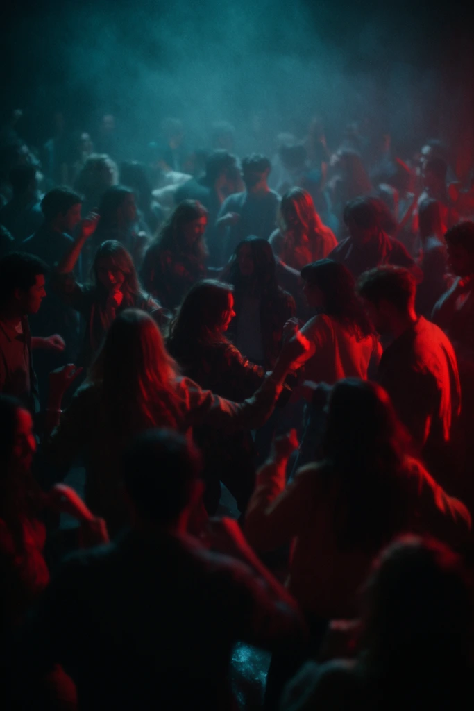 A dense crowd of many people dancing energetically in a dark, hazy environment. The overlapping figures are captured mid-motion amidst heavy, volumetric deep teal fog providing cool ambient illumination. Intense, glowing crimson lights strike from the side, casting sharp, dramatic rim lighting across the dancers' silhouettes. The scene is a photorealistic cinematic film still featuring a gritty texture and visible film grain. A shallow depth of field blurs the immediate foreground, focusing on the sharp central dancers within the high-contrast, dual-tone cyan and vibrant red atmospheric lighting.