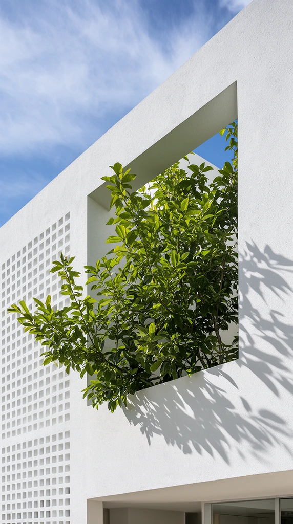 minimalist white building exterior, lush green tree branches spilling through a large square cutout in a stark facade, sharp leaf shadows cast on bright white stucco, geometric architecture, breeze block grid, low angle perspective, bright natural sunlight, blue sky with wispy clouds, crisp architectural photography, organic and man-made contrast