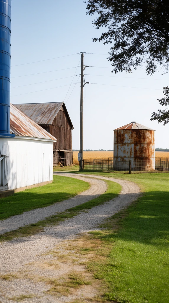 rural farm landscape, curving gravel driveway with tire tracks crossing bright green grass, white wooden building with a rusted metal roof, edge of a tall blue silo on the far left, weathered brown wooden barn, tall utility pole with overhead power lines, heavily rusted cylindrical metal grain bin enclosed by wire fences on the right, golden crop field stretching to the horizon under a clear pale blue sky, dark tree branch overhanging the top right, bright natural daylight casting sharp angled shadows, crisp rural photography