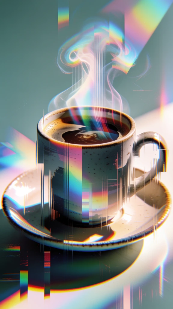 a ceramic mug filled with dark coffee on a saucer, wisps of ethereal steam rising, rendered in a glitch aesthetic with vertical rectangular distortions, prismatic light leaks, chromatic aberration, digital scanline textures, muted teal and grey color palette, high contrast glowing highlights, surreal overlapping glass-like panes, hazy lo-fi dreamscape, geometric fragmentation, motion blur, sophisticated digital artifacting.