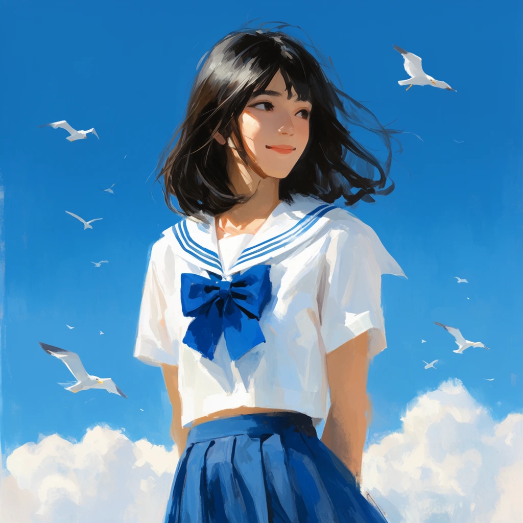 A painterly digital portrait of a young woman in a sailor-style uniform against a vibrant blue sky. Her dark, shoulder-length hair blows gently as she looks away with a soft smile. She wears a white short-sleeved blouse with a blue striped collar, a large blue chest ribbon, and a blue pleated skirt. White seagulls soar around her above distant fluffy clouds. The artwork features expressive brushstrokes, bright sunlit illumination, and a crisp, airy palette of azure and white.
