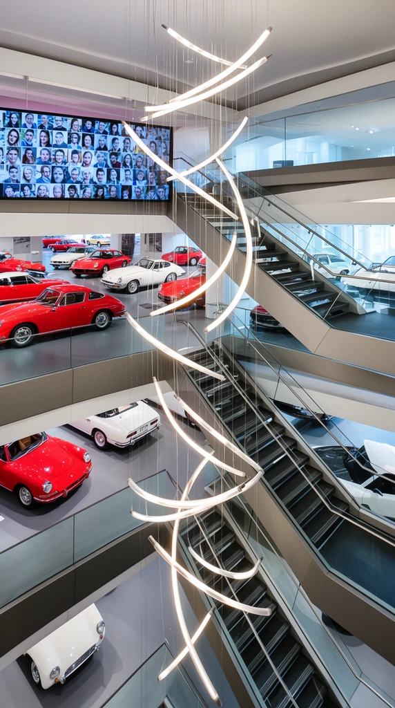 A multi-level modern automobile museum interior featuring a central atrium intersected by a complex, spiraling light installation. Glowing curved tubes suspended by thin wires cascade vertically through the open space. Angular staircases with glass balustrades and dark treads zig-zag upward on the right, connecting pristine gray floors. Classic vintage sports cars, primarily in glossy red and white, are parked on display across the various levels. A suspended digital screen on the upper left displays a wide grid of photographic portraits. Crisp architectural photography captures the sweeping geometry, contrasting the minimalist white and gray structural elements with the vivid vehicles under bright ambient illumination.