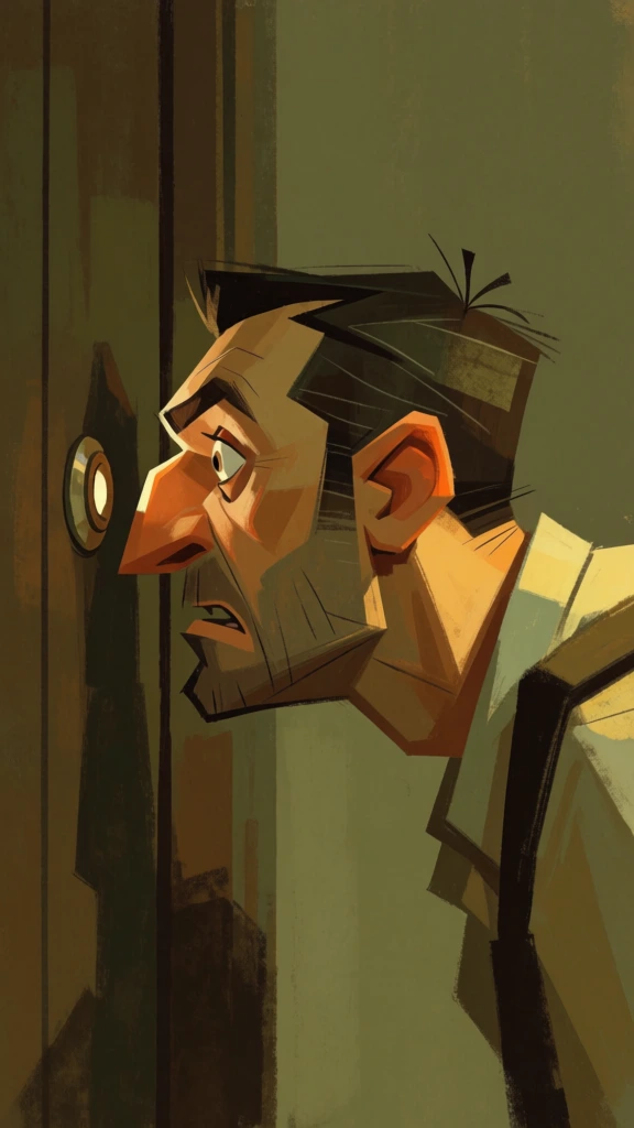 A stylized digital painting depicts a man with sharp, angular features peering intently through a peephole in a door. The man’s profile occupies the center of the frame, showing a prominent, hooked nose, dark facial stubble, and a wide, focused eye aligned with the circular metallic peephole. His head is tilted forward, and his mouth is slightly open, revealing a tense expression. He has short, dark hair with visible individual strands at the crown, and his skin is rendered with warm, faceted blocks of amber, orange, and brown. He wears a light-colored shirt, with a dark, thick strap visible over his shoulder. The door and its frame are composed of dark, vertical brownish-green panels on the left side of the image. The background is a flat, muted olive-green surface. The artistic style uses large, geometric brushstrokes to create a low-poly effect, with dramatic, directional lighting coming from the right side, casting the front of his face and the door into deep shadow while highlighting the curve of his ear and the back of his neck. The overall color palette is earthy and monochromatic, dominated by shades of green, ochre, and dark brown.
