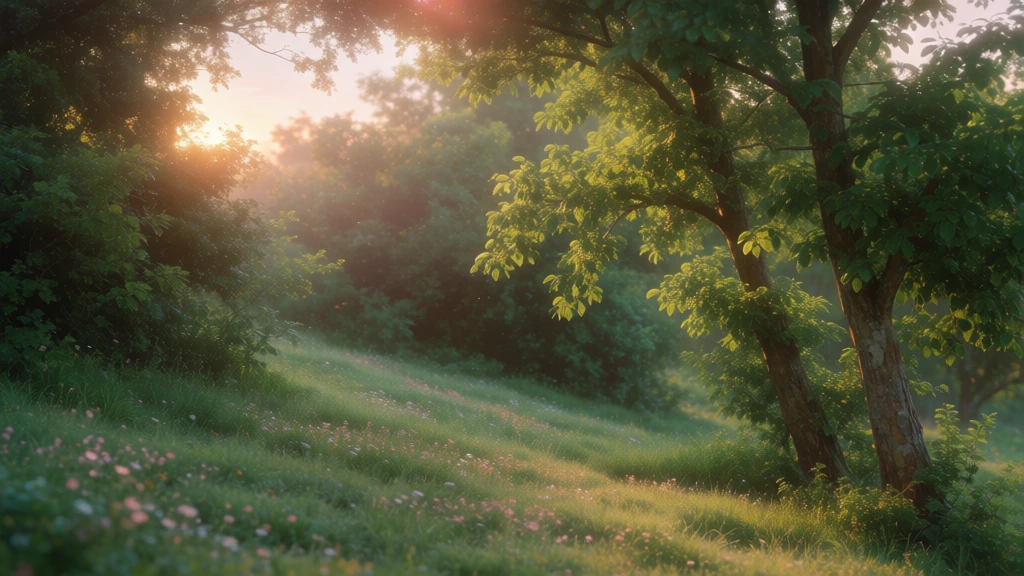 A sun-dappled grassy meadow filled with small pink and white wildflowers stretches across the foreground, sloping gently upward toward a row of thick, textured tree trunks on the right. The trees have rough, brown bark and lean slightly to the left, their lush green foliage casting soft shadows across the flowering field. In the upper left and background, more dense green shrubbery and trees create a sense of a secluded woodland edge. The entire scene is captured with a soft-focus, dreamlike quality that blurs fine details and creates a hazy, glowing atmosphere. The lighting is warm and diffused, suggesting a late afternoon sun that filters through the canopy, highlighting the tiny floral heads and the ridges of the tree bark. The color palette is dominated by earthy greens, warm browns, and muted pinks, contributing to an ethereal, impressionistic aesthetic. The perspective is a medium shot taken from a low angle, looking slightly up the embankment.