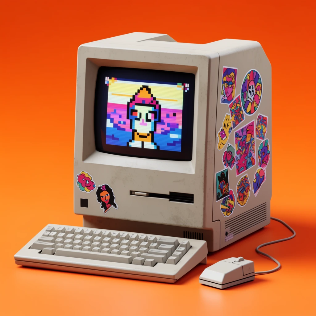 vintage beige all-in-one computer, mechanical keyboard, blocky mouse, vibrant orange background, colorful pop-art stickers on casing, pixel art graphics on CRT screen, studio lighting