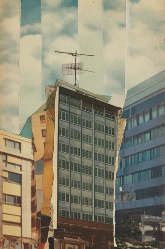 Surreal Mid-Century Montage style reference image — analog paper collage