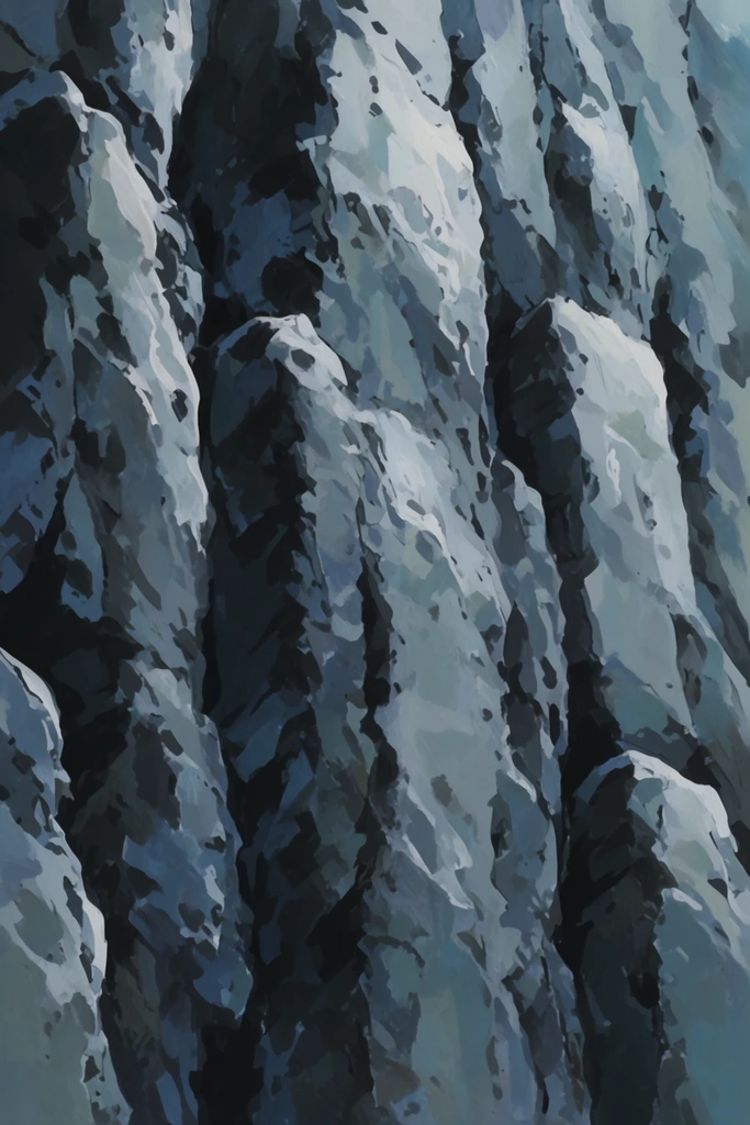 rugged vertical rock face, anime background art style, slate gray and icy blue hues, stark white highlights, deep crevices, rough gouache brushstrokes, blocky shading