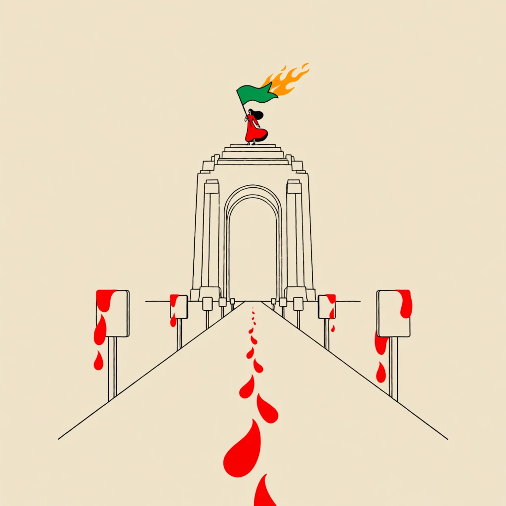 A minimalist line art illustration on a solid beige background featuring a grand arched monument. A figure in a flowing red dress stands atop the arch, holding a waving green flag emitting stylized orange flames. A converging one-point perspective path leads to the structure, flanked by rectangular signposts. Vivid red teardrop shapes resembling petals or liquid trail down the path and drip from the markers, contrasting sharply with the simple black linework.
