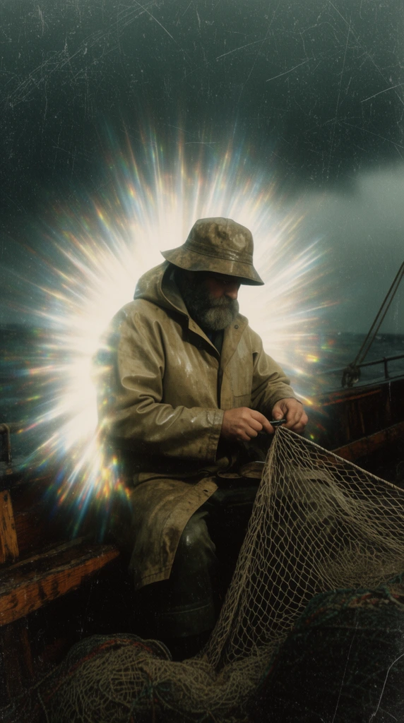 bearded fisherman in a heavy canvas raincoat and sou'wester hat, seated on a wooden trawler deck repairing a net, massive intensely bright radiating starburst halo exploding from behind his torso, surreal luminous aura, dark stormy background, heavy film grain, distressed photo texture, deep scratches, chromatic aberration, moody cinematic lighting