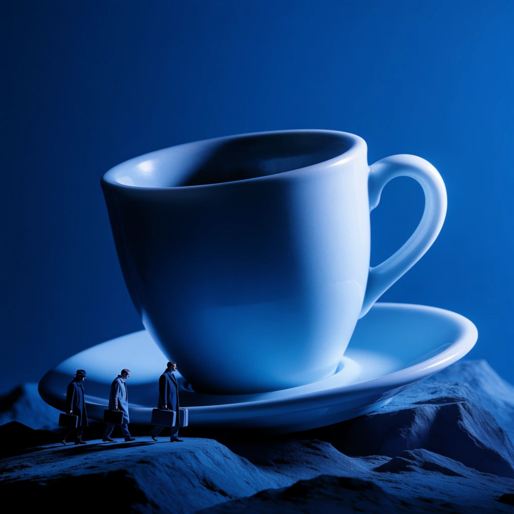 monochromatic royal blue color palette, surrealist minimalist composition, high contrast lighting with deep shadows and glowing highlights, a colossal porcelain coffee cup and saucer dwarfing tiny travelers, miniature figures walking along rugged rocky terrain at the base of the massive vessel, clean solid blue background, extreme scale distortion, dreamlike ethereal aesthetic, sharp focus on contours, high-fashion editorial photography style, evocative conceptual art, monolithic presence