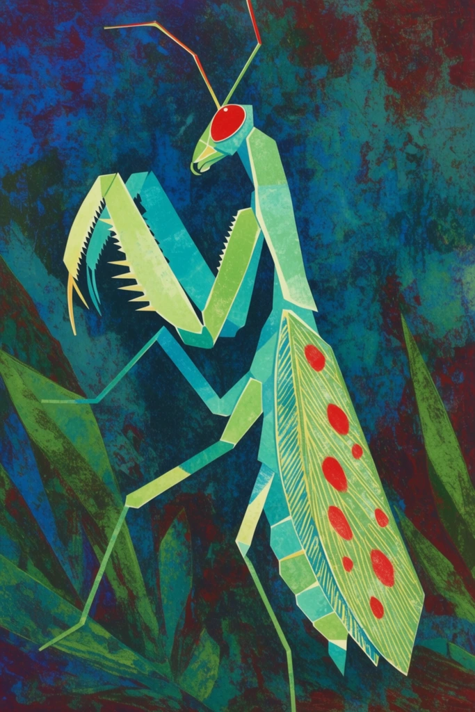 A stylized geometric print of a praying mantis constructed from sharp angular facets and overlapping planes. The insect features pale green and turquoise body segments, jagged spiked forelegs folded upward, and a striking solid red oval eye. Its elongated wings are textured with fine yellow-green linear patterns and adorned with bold red spots. The mantis stands against a heavily textured, abstract background of mottled dark blue, teal, and deep maroon, with sharp green botanical forms emerging from the lower edges. The composition utilizes a vibrant block print aesthetic, defined by complementary color contrasts, rough organic surface textures, and a flattened perspective.