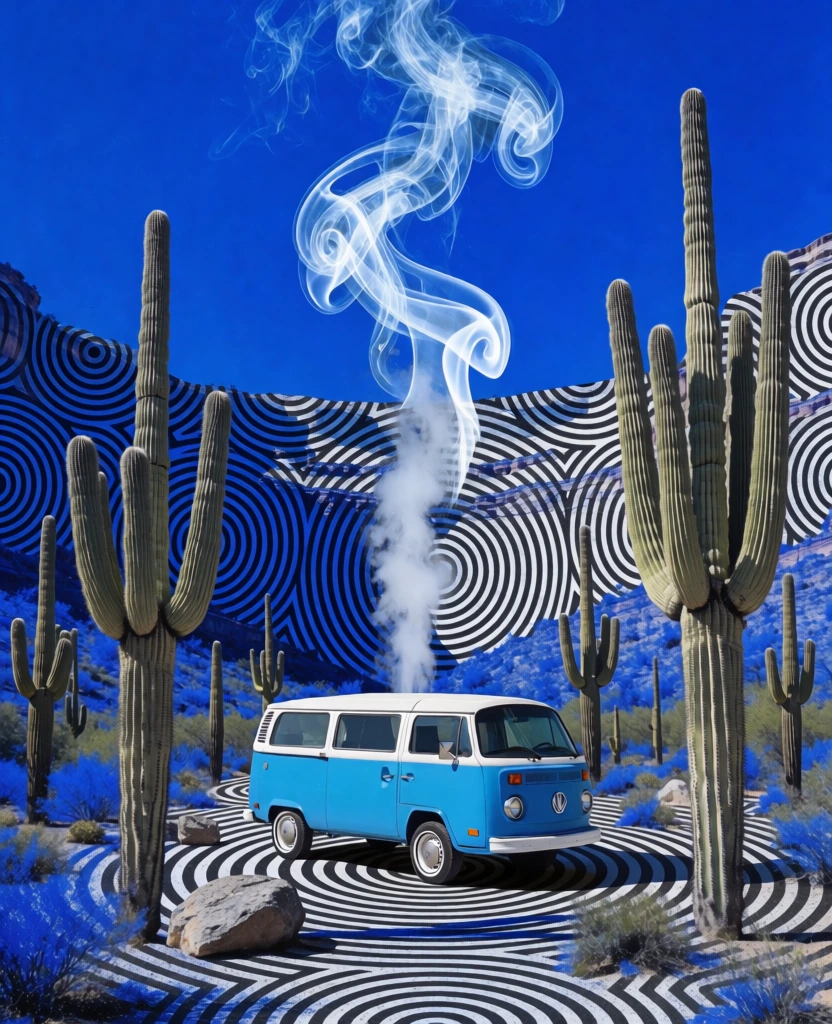 A surreal desert scene shows a bright blue-and-white vintage camper van parked among towering saguaro cacti, but the entire landscape and sky have been transformed into a hypnotic electric-blue-and-black swirl pattern, with a ghostly white plume of smoke rising dramatically through the center like a twisting spirit. Digital collage, surrealist illustration, psychedelic desert fantasy, pop-surrealism, graphic composite, high-detail texture mapping, poster-like rendering, sharp-edged cutout realism mixed with abstract pattern fields, dreamlike, uncanny, vivid, bold, high visual complexity, visually adjacent to David Hockney color boldness, Peter Max psychedelia, Salvador Dalí surreal mood, contemporary album-cover aesthetic, saturated cobalt blue, black, cactus green, white, gray stone accents, high contrast, bright even exposure, crisp highlights, deep blacks, no visible motion blur, no visible film grain, clean digital edges, likely composite with layered photographic elements and manipulated background textures. In the lower middle of the image, a classic Volkswagen-style microbus sits angled slightly from left rear toward right front, occupying roughly the bottom third of the frame; its lower body is bright sky blue, its roof and upper window band are white, its windows are black and opaque, and its whitewall tires with metallic hubcaps are visible, the rear tire near center-bottom and the front tire near lower-right-middle. A soft shadow pools beneath the van. On the far left foreground stands a very tall saguaro cactus with two upward arms, stretching nearly to the top edge; in front of it and slightly right are two shorter cacti clustered together. On the far right foreground stands another massive multi-armed saguaro, similarly tall and nearly touching the top border, with several thinner cactus columns beside it. In the center background behind the van, three smaller saguaros rise from the patterned valley floor. The terrain is scattered with pale gray boulders and fuzzy low desert shrubs, especially along the bottom edge and lower right corner. Blue-and-black contour-like waves cover the ground, climb the canyon walls on both sides, and fill the sky, creating the sense of a canyon corridor receding into the distance. From just behind the van’s roofline near center, a column of semi-transparent white smoke curls upward through the middle of the image, widening and twisting as it climbs into the upper center, partially veiling the striped sky.