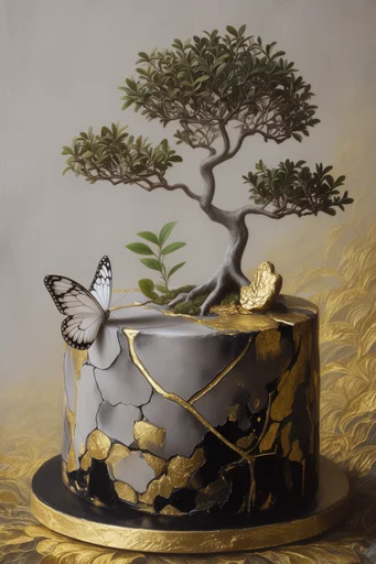Gilded Fractured Surrealism style reference image — matte charcoal skin