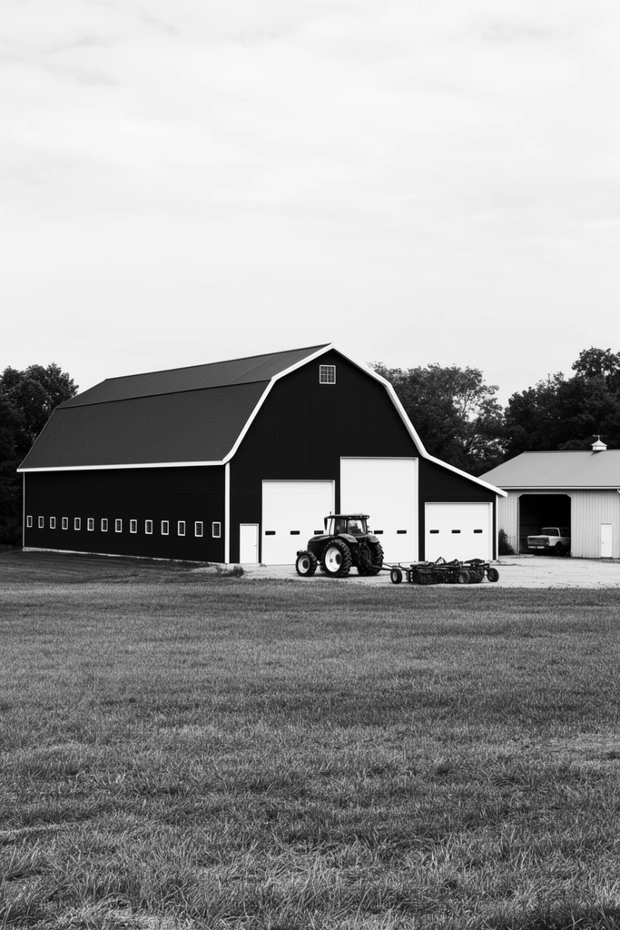 black and white rural landscape photograph, large dark barn with a multi-pitched roof and stark white trim, row of square side windows, two prominent white garage doors, dark farm tractor pulling an implement parked near the barn entrance, secondary lighter shed to the right sheltering a vehicle, textured grassy field spanning the foreground, dark trees behind the structures, pale overcast sky, sharp focus, high contrast monochrome photography