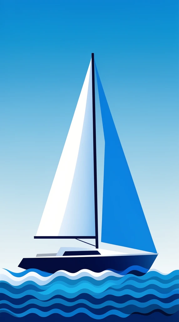Minimalist vector sailboat, dark blue hull, crisp white and blue triangular sails, smooth gradient blue sky, stylized wavy water, flat geometric illustration
