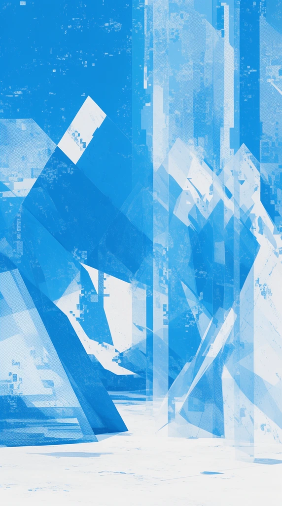 An abstract geometric composition of a fractured digital landscape rendered in a stark monochromatic palette of cyan, azure, and crisp white. Overlapping polygonal shapes and translucent vertical bands form jagged monolithic structures resembling icy mountains or futuristic architecture rising from a flat white base. The synthetic environment creates depth through intersecting transparent planes and rigid angular forms. Distressed surface textures of stippled halftone dots and pixelated glitch effects scatter across the solid color blocks, combining sharp architectural precision with atmospheric degradation to emphasize cold, fragmented digital interference.