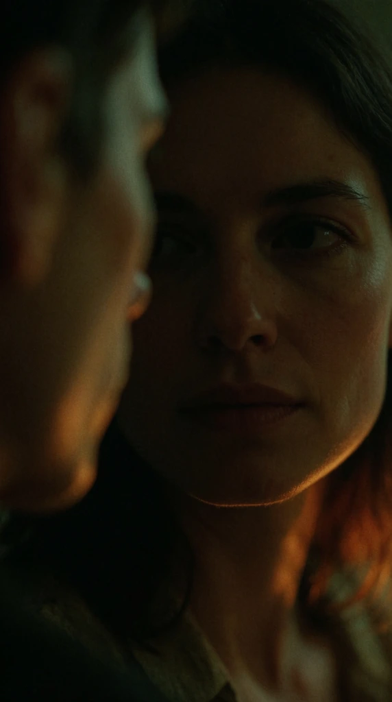 An extreme close-up of a woman's partially shadowed face gazing toward the blurred profile of another person on the left. The cinematic composition features heavy low-key lighting with a moody greenish-yellow cast. Warm orange rim light catches her jawline and dark hair. Shot with shallow depth of field and heavy film grain for a dark, intimate aesthetic.