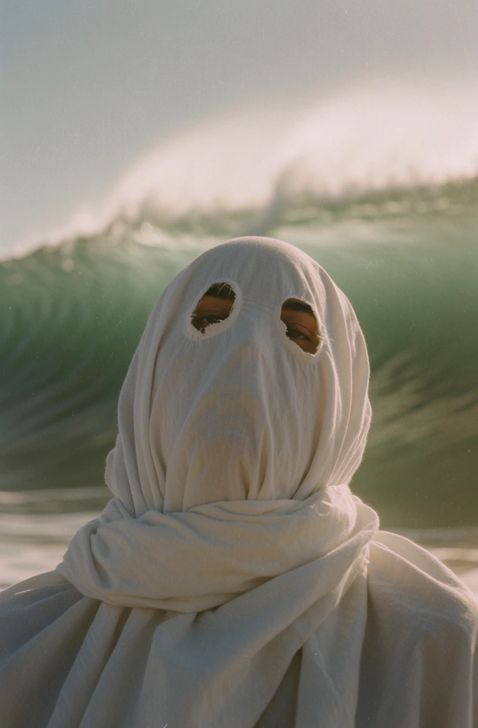 cinematic close-up, low-angle perspective of a figure draped in a heavy white fabric sheet with two hand-cut holes for eyes, positioned in front of a massive cresting ocean wave, hazy atmospheric lighting, soft film grain, muted desaturated tones with a warm nostalgic glow, shallow depth of field, 35mm film aesthetic, organic textures, intimate and melancholic mood, ethereal soft focus, raw vintage lens character, subdued color palette, evocative composition.
